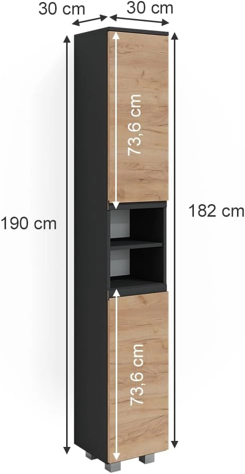 Mobile bagno alto J-Shape, Grigio, 30 x 190 cm, per conservare e combinare con altri elementi a forma di J