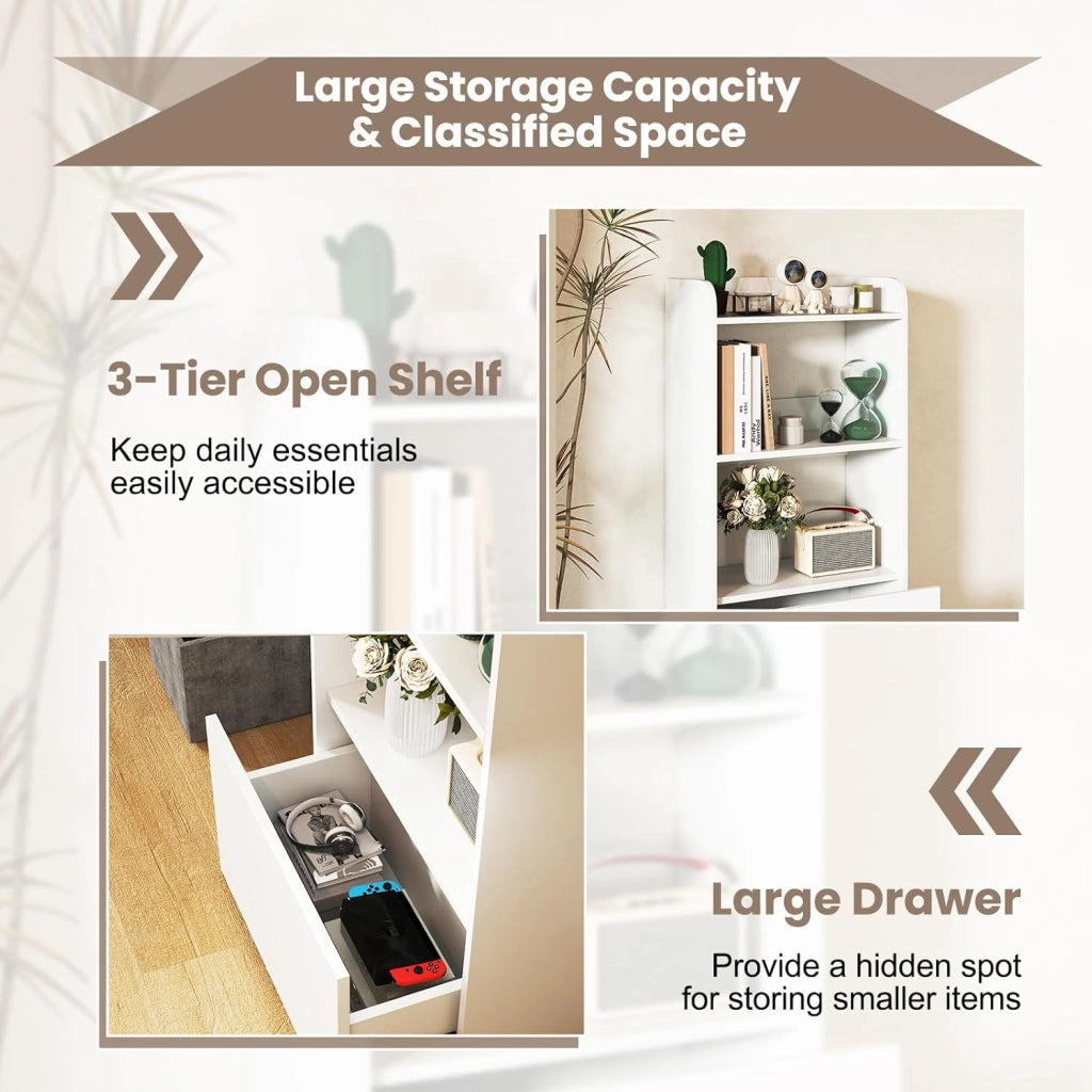 Libreria a 3 ripiani aperti e 1 cassetto, libreria in legno con kit antiribaltamento, 55 x 29 x 105 cm, scaffale per soggiorno, ufficio, camera da letto (bianco)
