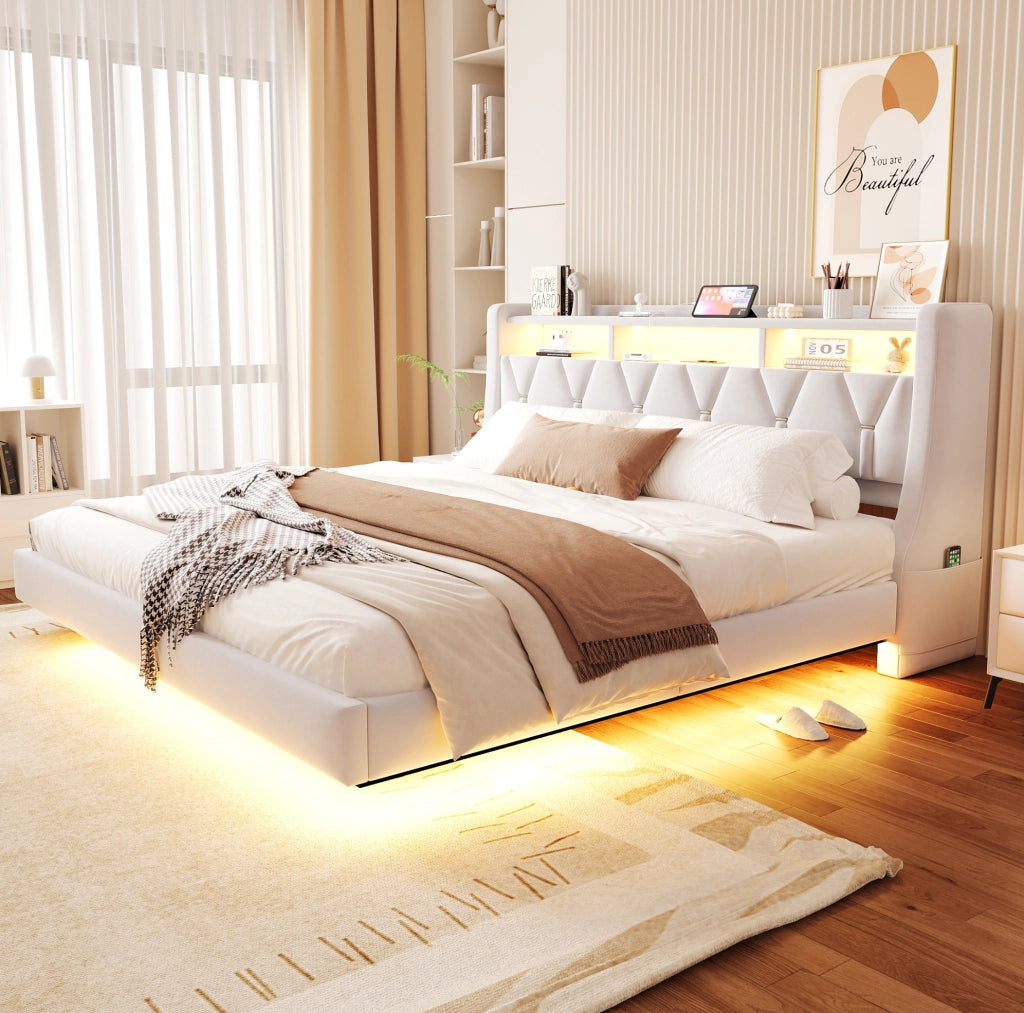 Letto imbottito 180x200 cm in velluto beige con LED; USB; Type-C e testiera ribaltabile