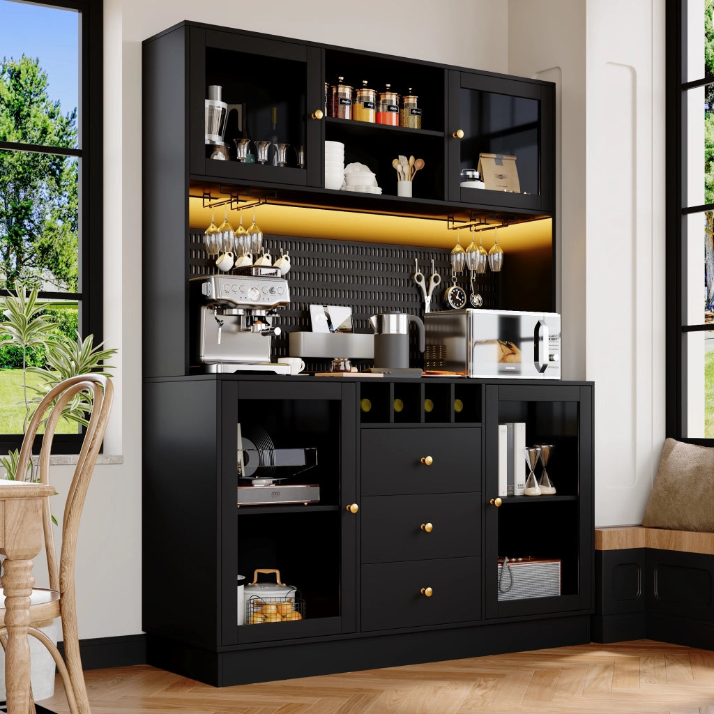 Credenza con LED controllata da app, ripiani regolabili, portabottiglie e portasbicchieri in MDF e vetro nero 140 × 40 × 185,7 cm