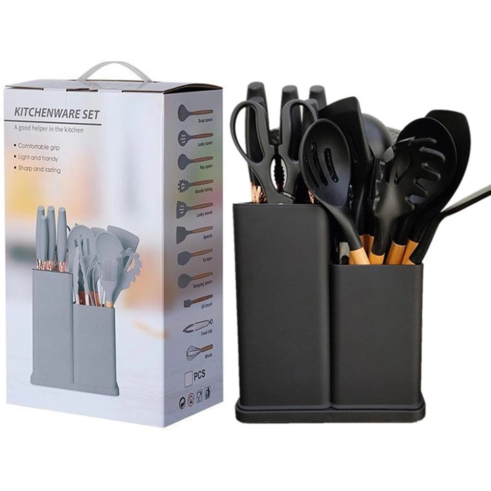 Trade Shop - Set Di Utensili Coltelli Da Cucina Da Chef Da 19 Pezzi In Silicone Con Manico In Legno -