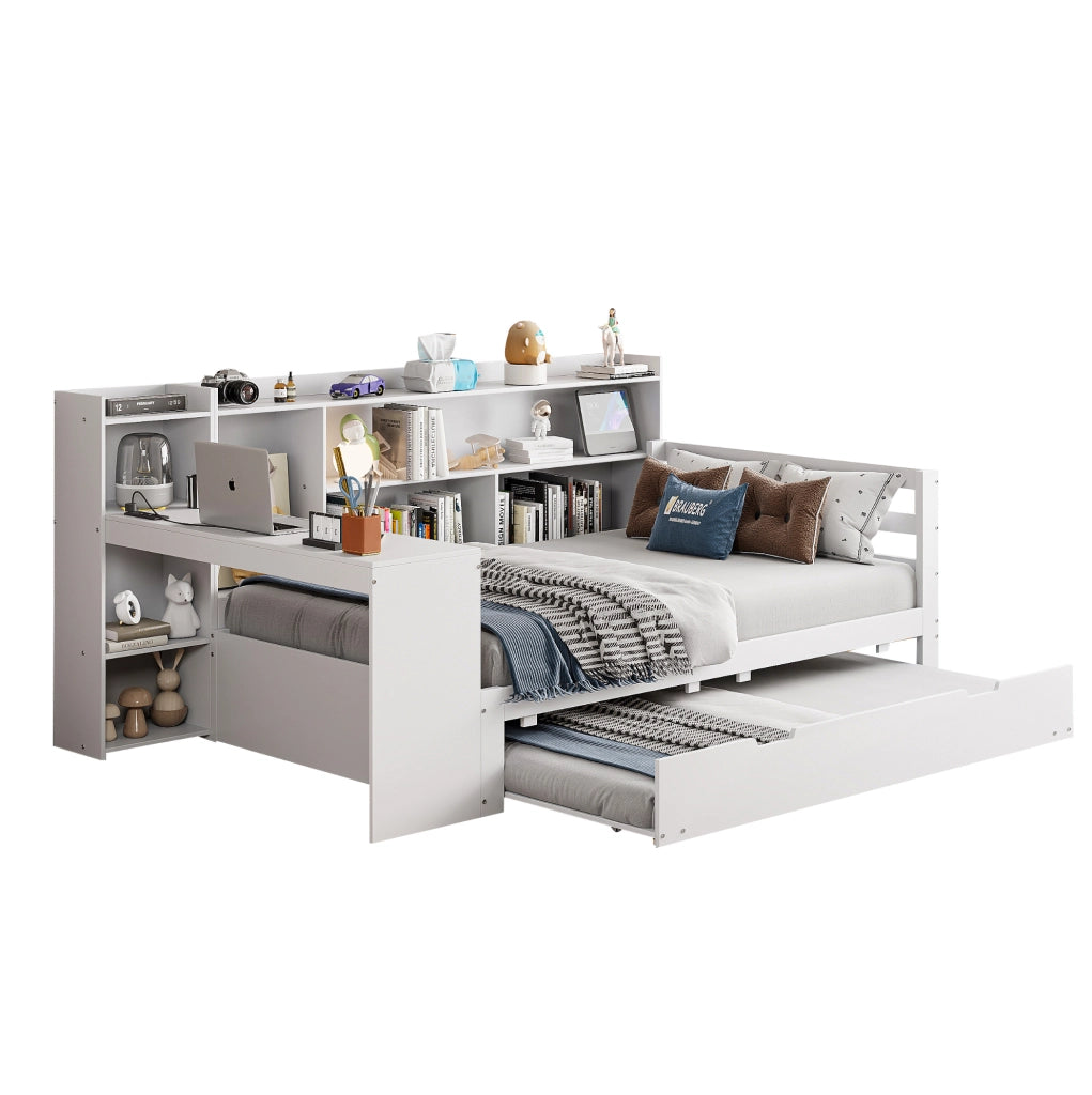 Letto multifunzionale in legno 90x200 cm con letto estraibile, scrivania e scaffali