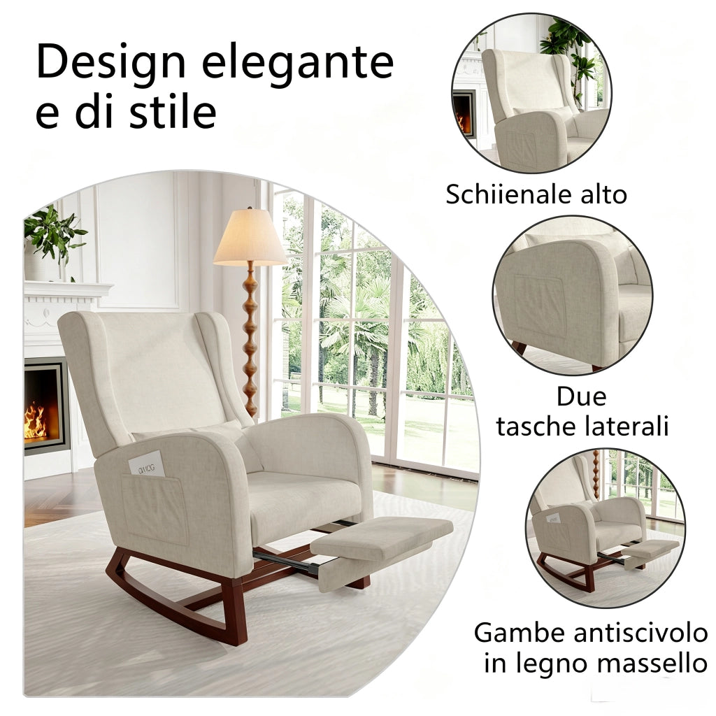 Poltrona relax a dondolo 67x64x99 cm con poggiapiedi; sedia a dondolo da interno per allattamento struttura in legno e velluto opaco; beige