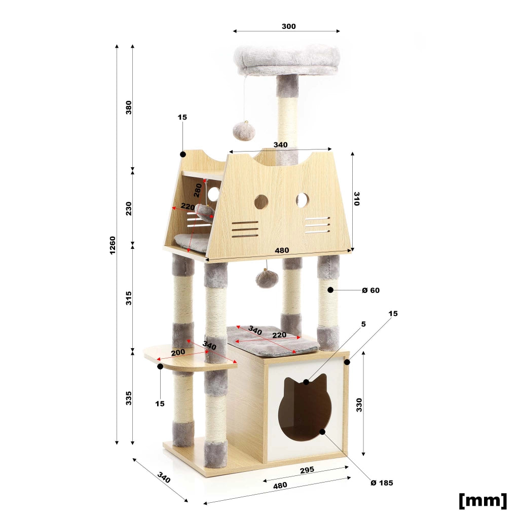 Fudajo Albero tiragraffi Legno grigio 126cm Con casetta per gatti, nicchia, colonne in sisal, cuccia