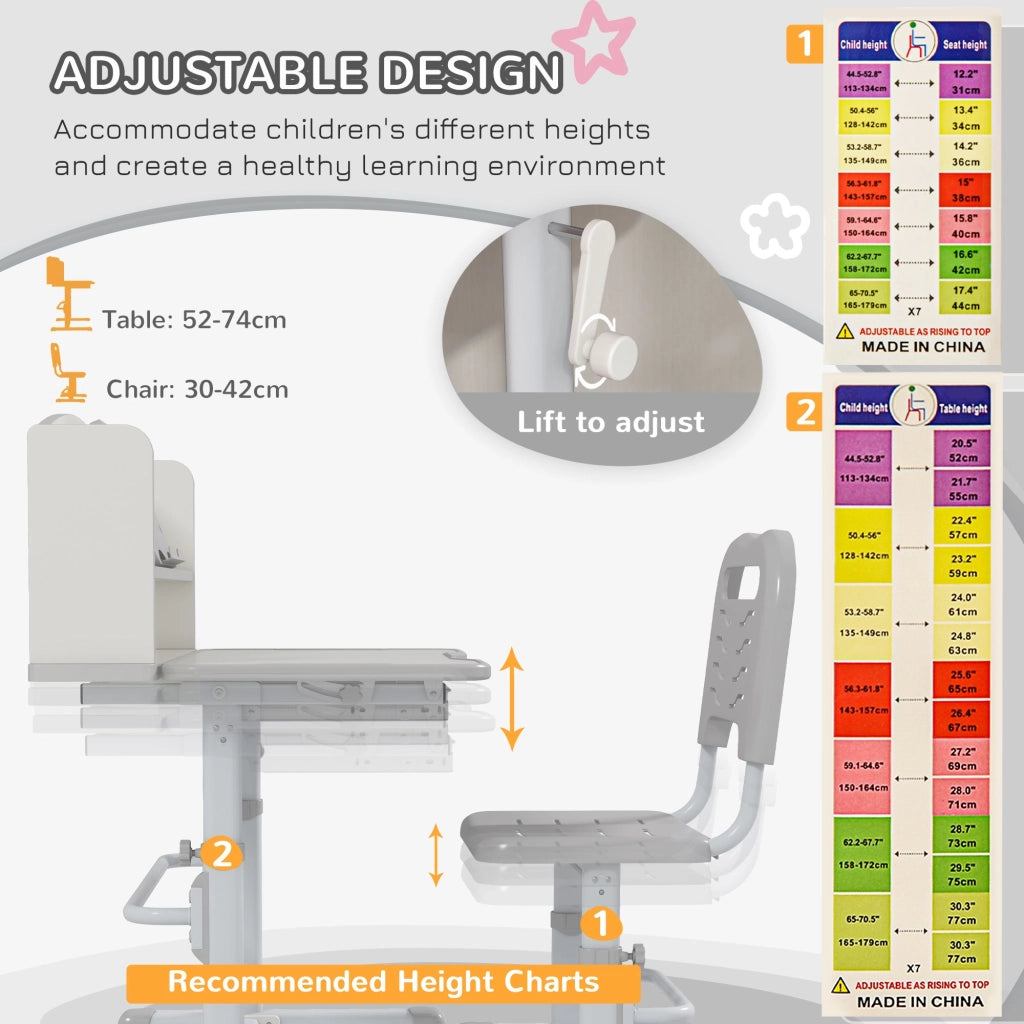 Banco Studio Scuola per Bambini 80x54,5x104 cm con Sedia Regolabile e Piano Inclinabile Grigio