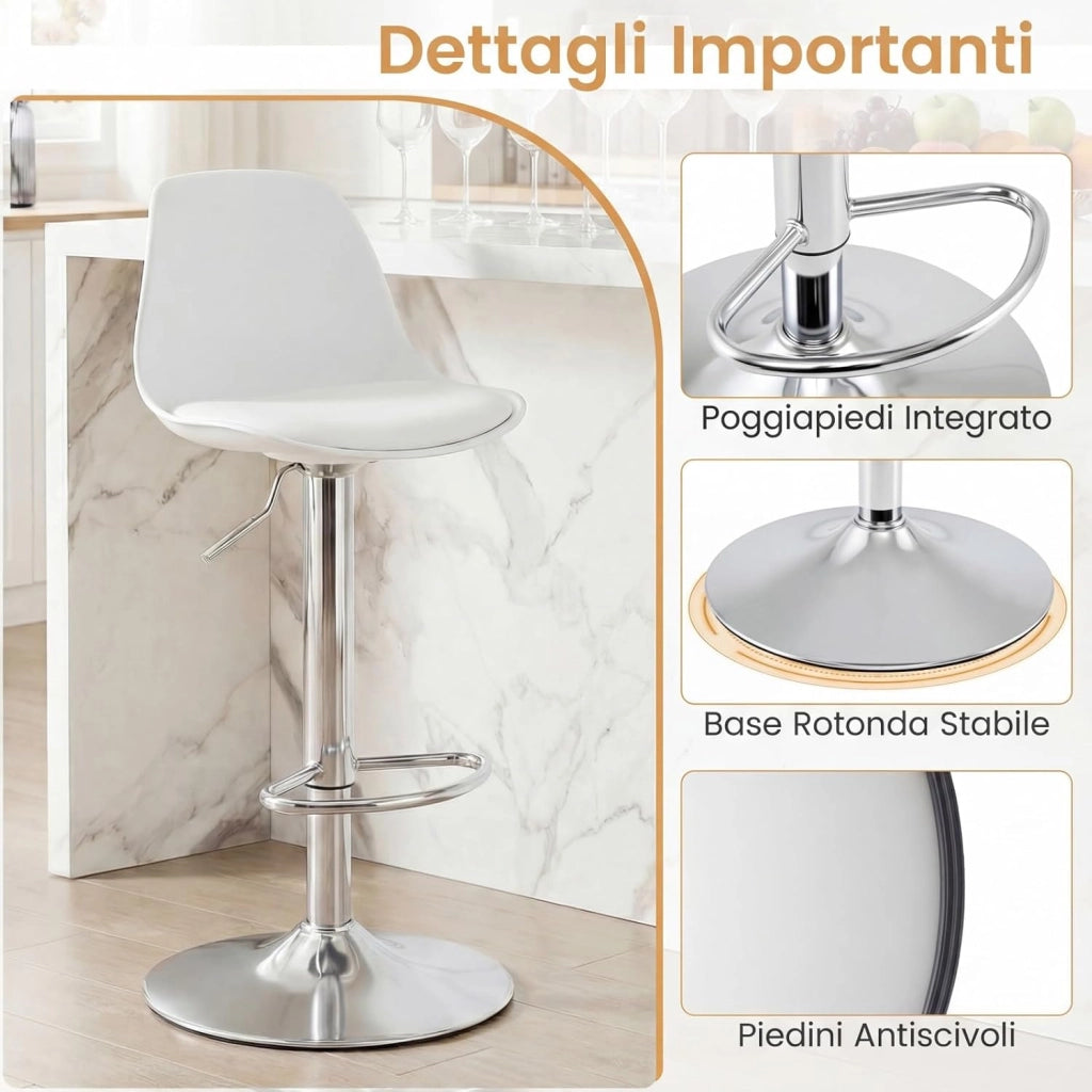 Set da 2 Sgabelli da Bar, Sedie da Banco alte Rivestite in Ecopelle con Schienale, Sedili Imbottiti e Poggiapiedi, Sgabelli Girevoli Regolabili per Bar Domestici e Isole Cucina (Bianco)