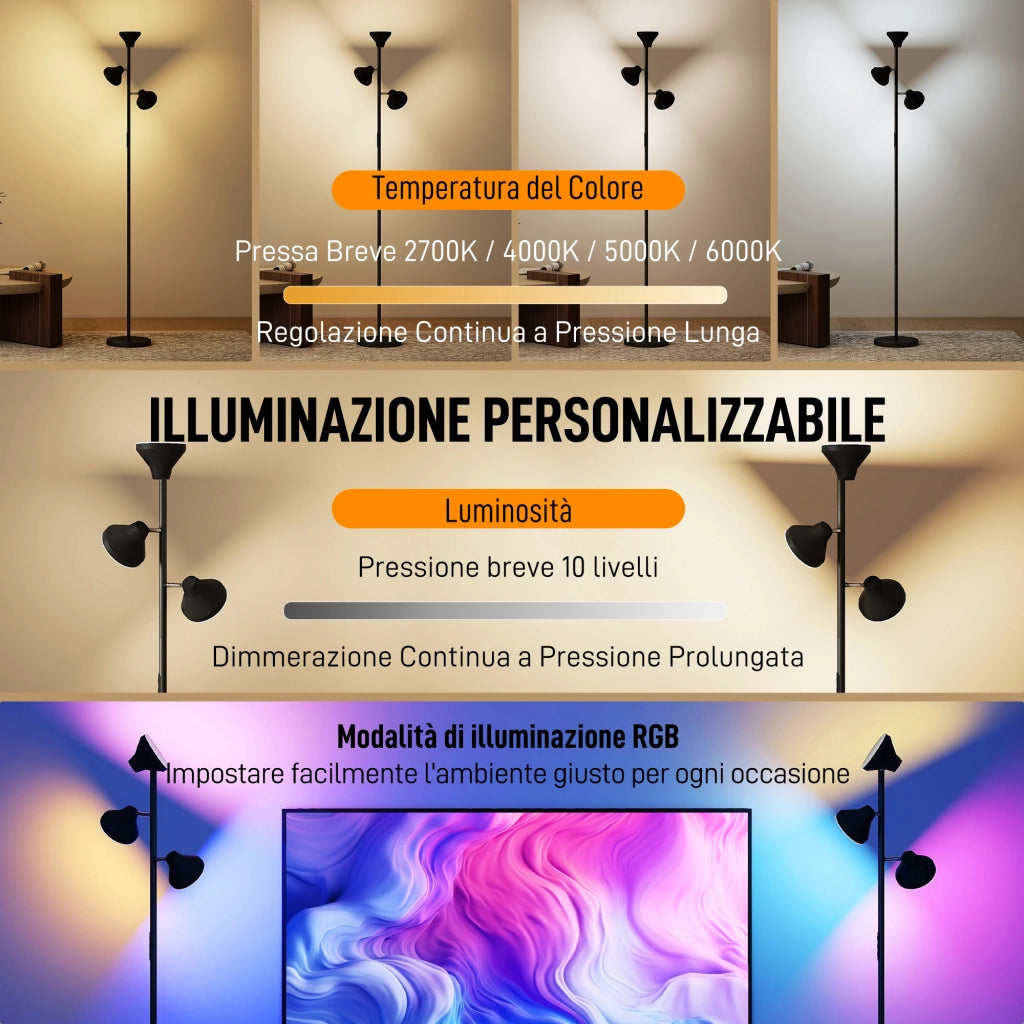 Lampada da Terra con 3 Luci Regolabili ¨C zephmum ¨C Acciaio e Plastica, Nero, ?25x170 cm