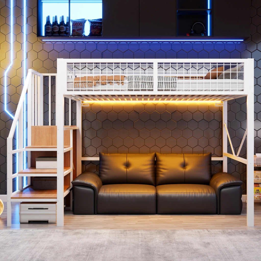 Letto a soppalco 140x200 cm con scala contenitore; LED e sponda in metallo; bianco