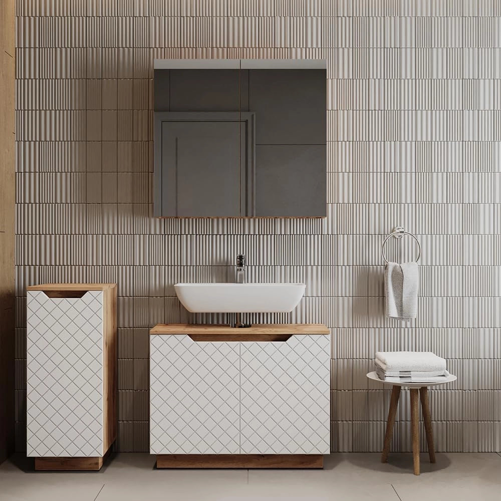 Set di mobili da bagno Lotta, Rovere/bianco con struttura in piastrelle, 3 parti