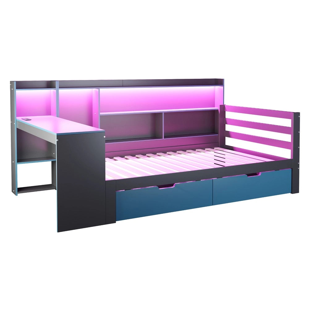 Letto a Soppalco con Scrivania e Scaffale ¨C Xylo ¨C Legno, Nero, 90x200 cm, LED, Cassetti