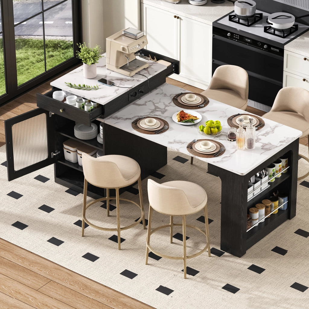 Tavolo da pranzo - isola cucina su ruote - piano estraibile - bar con prese - nero - per cucina e sala
