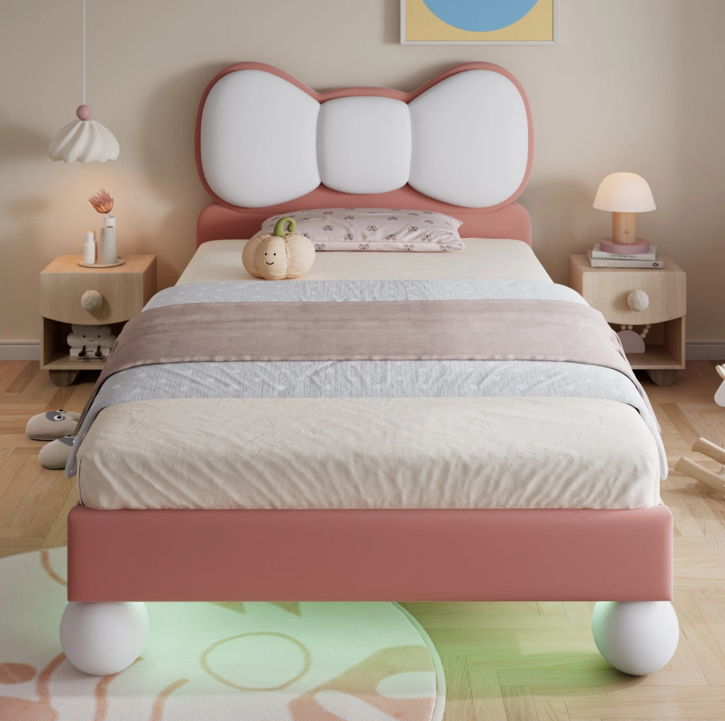 Letto imbottito per bambini con testiera a fiocco e luce LED, 90x200 cm