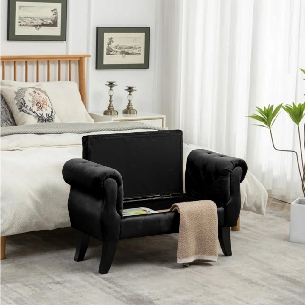 Divanetto In Velluto Panca Contenitore Pouf PortaOggetti Panca Sgabello A Pie Di Letto Cassapanca Ingresso Legno Massello Panchina - Nero