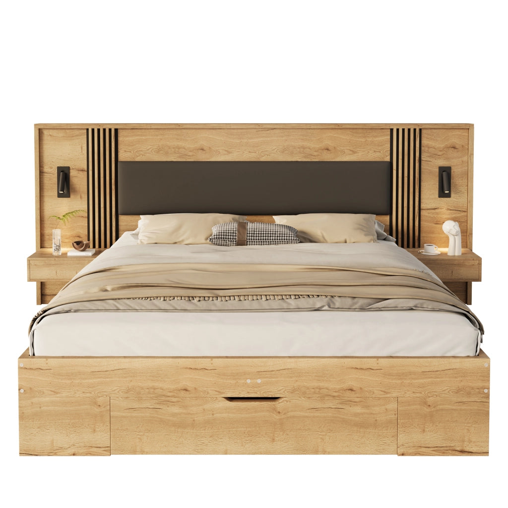 Letto Contenitore Matrimoniale con Cassetti e Comodini ¨C MINIMAL ¨C Legno Naturale 160x200