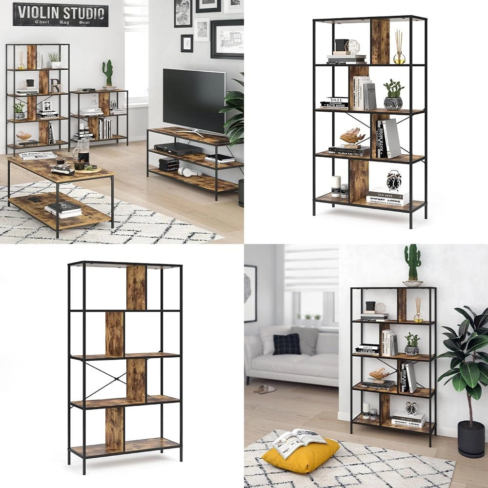Divisorio per ambienti Fyrk, Legno antico, 80 x 146 cm, utilizzabile come divisorio con struttura in metallo e ripiani aperti