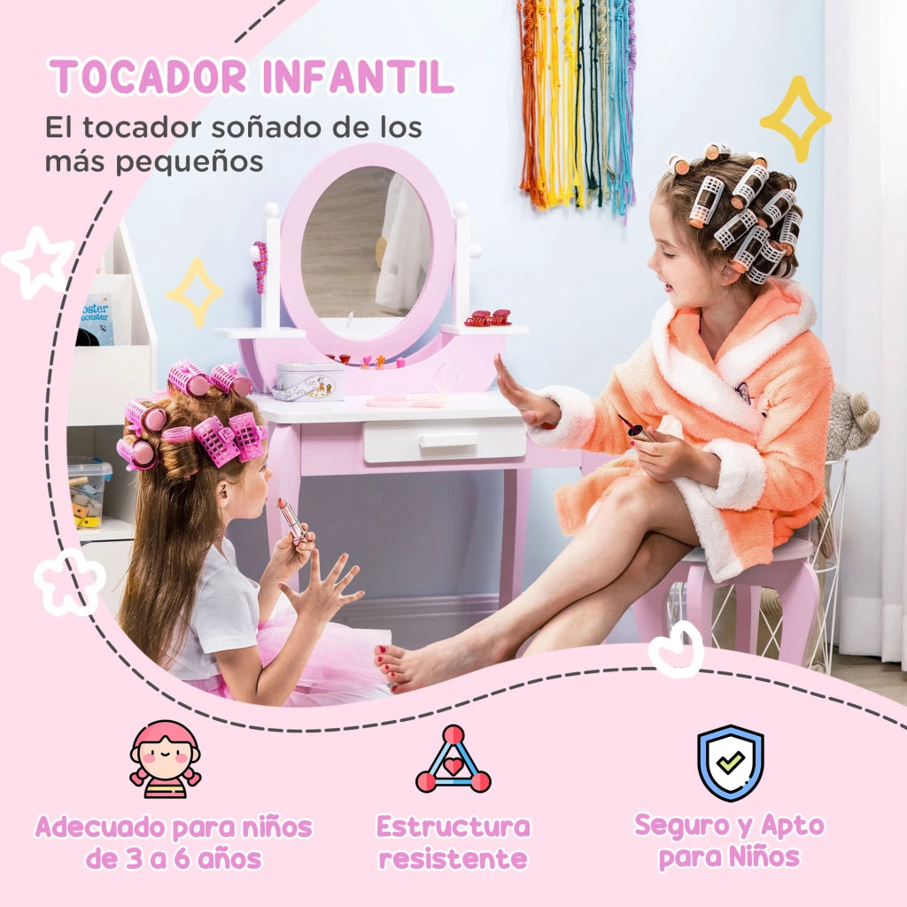 Tocador Bambini con Specchio e Cassetto ¨C zephmum ¨C Rosa 65.5x46x93 cm