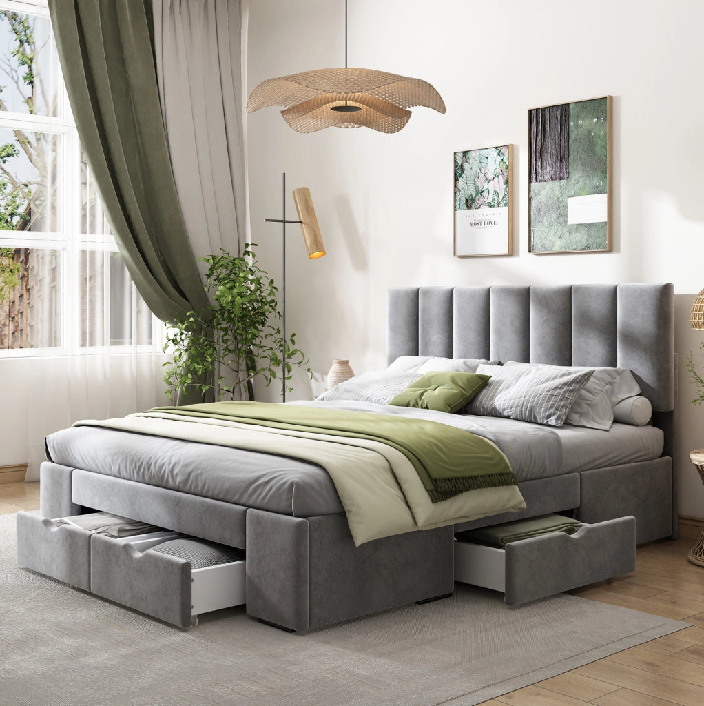 Letto imbottito 140x200 cm; con 4 cassetti e testiera regolabile; velluto grigio (Senza materasso)