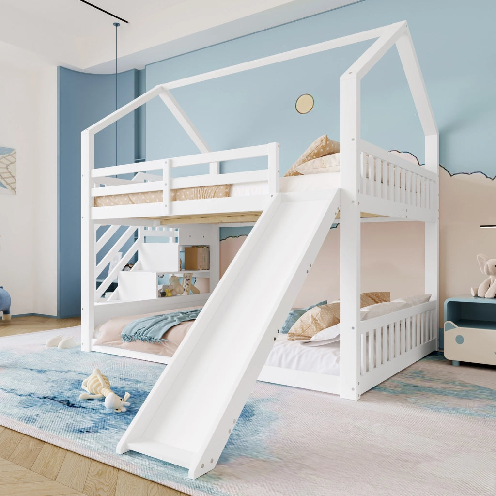 Letto a Soppalco Letto Matrimoniale con Scala Contenitore; Scivolo e Sponde 140×200 cm; senza Materasso; Bianco