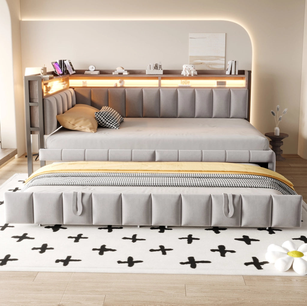 Divano letto imbottito 90x200 cm grigio con letto estraibile, LED, USB e Type-C