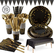 Set di Cucchiaini, Coltelli e Cucchiai in Carta Cardboard Nero- Oro, Piatti, Tazze, Strisce e Fazzoletti di Panno per Festa, Matrimonio, Campeggio - 25 Ospiti - 202 Pezzi