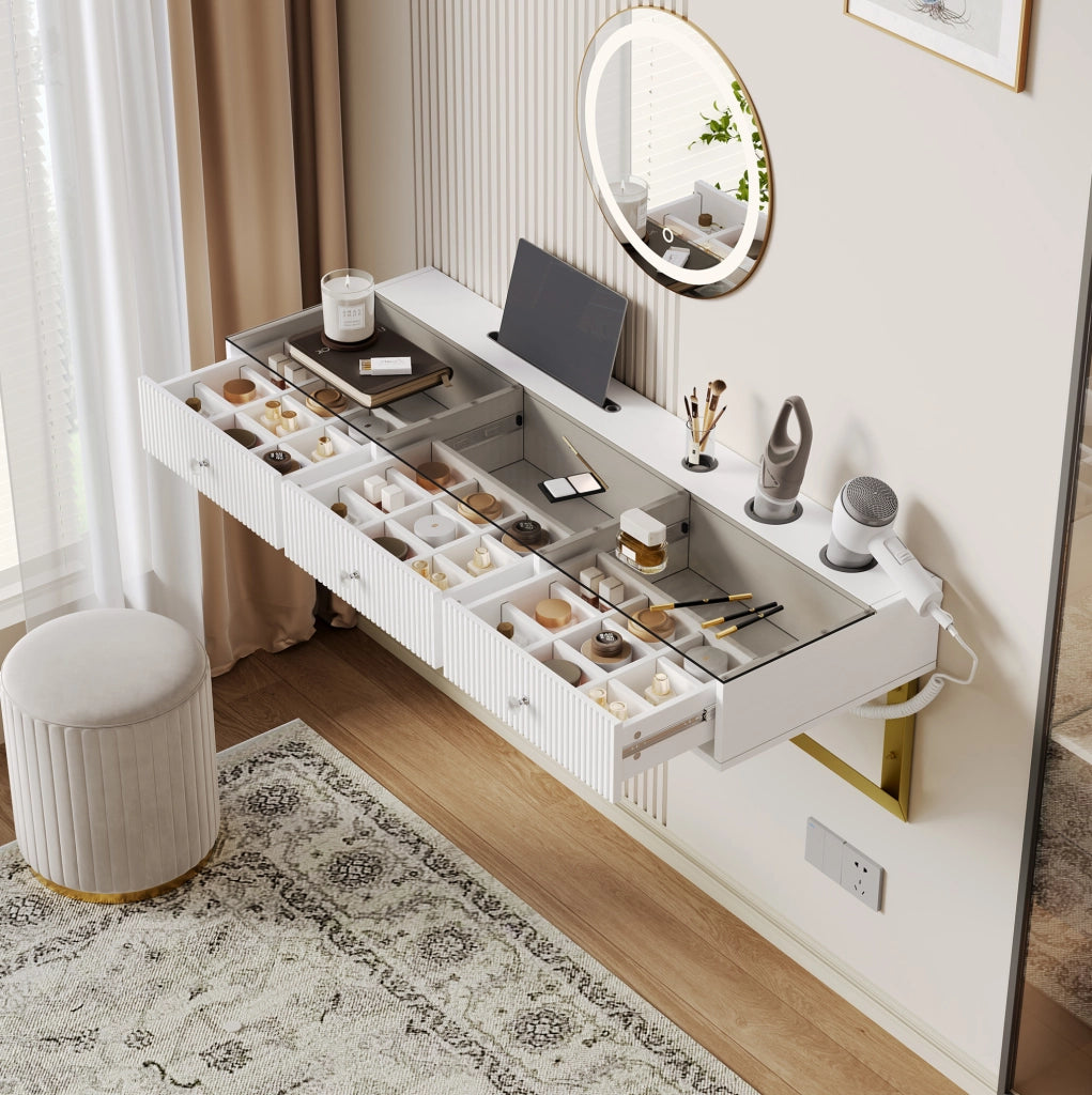 Tavolo da trucco bianco con 3 cassetti e piano in vetro