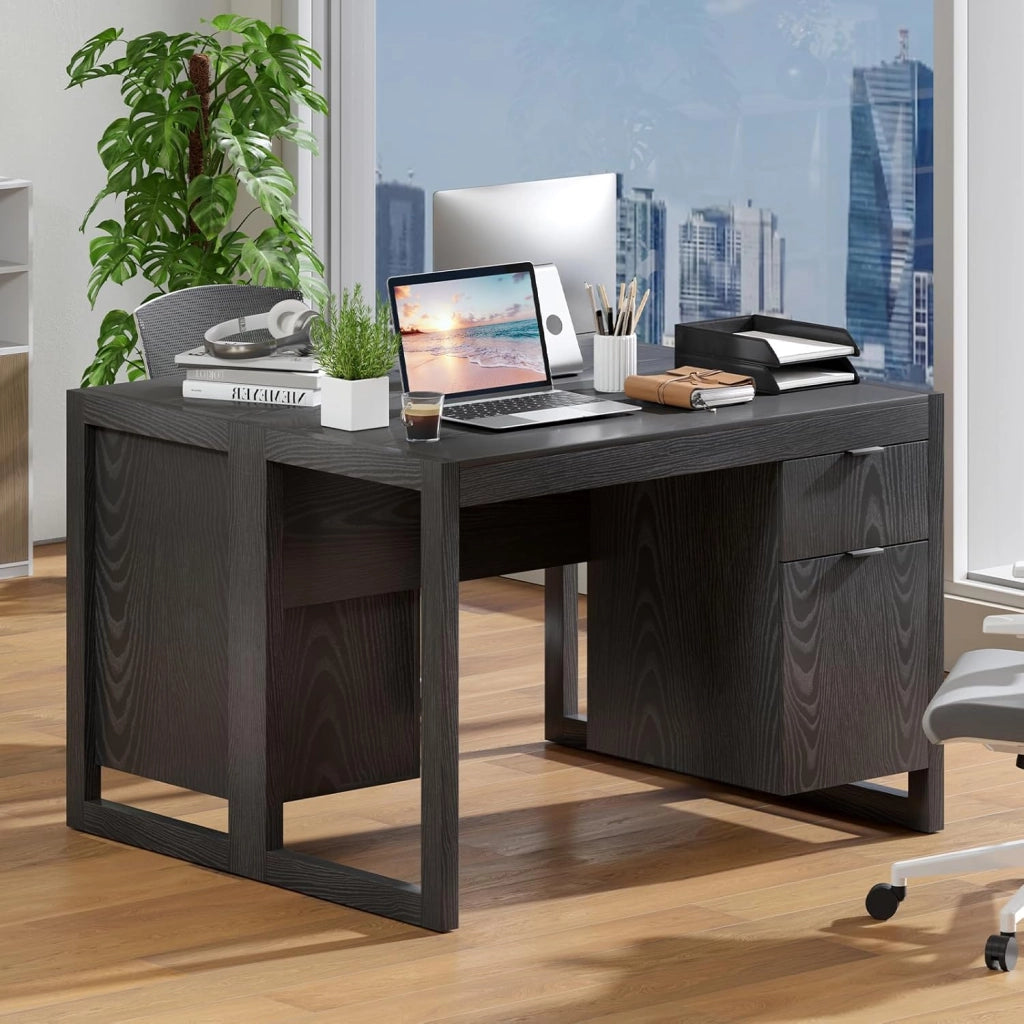 Scrivania per Computer, Scrittoio per Studio Moderno con Cassetto e Armadietto Spazioso in Legno Solido, per Ufficio/Casa, Portata di 70kg, 112,5x 50x75cm, Bianco (Nero)