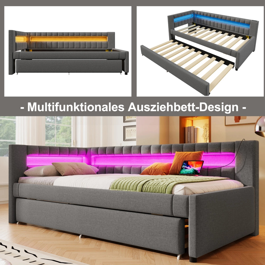 Daybett imbottito con letto estraibile, LED e doppia ricarica