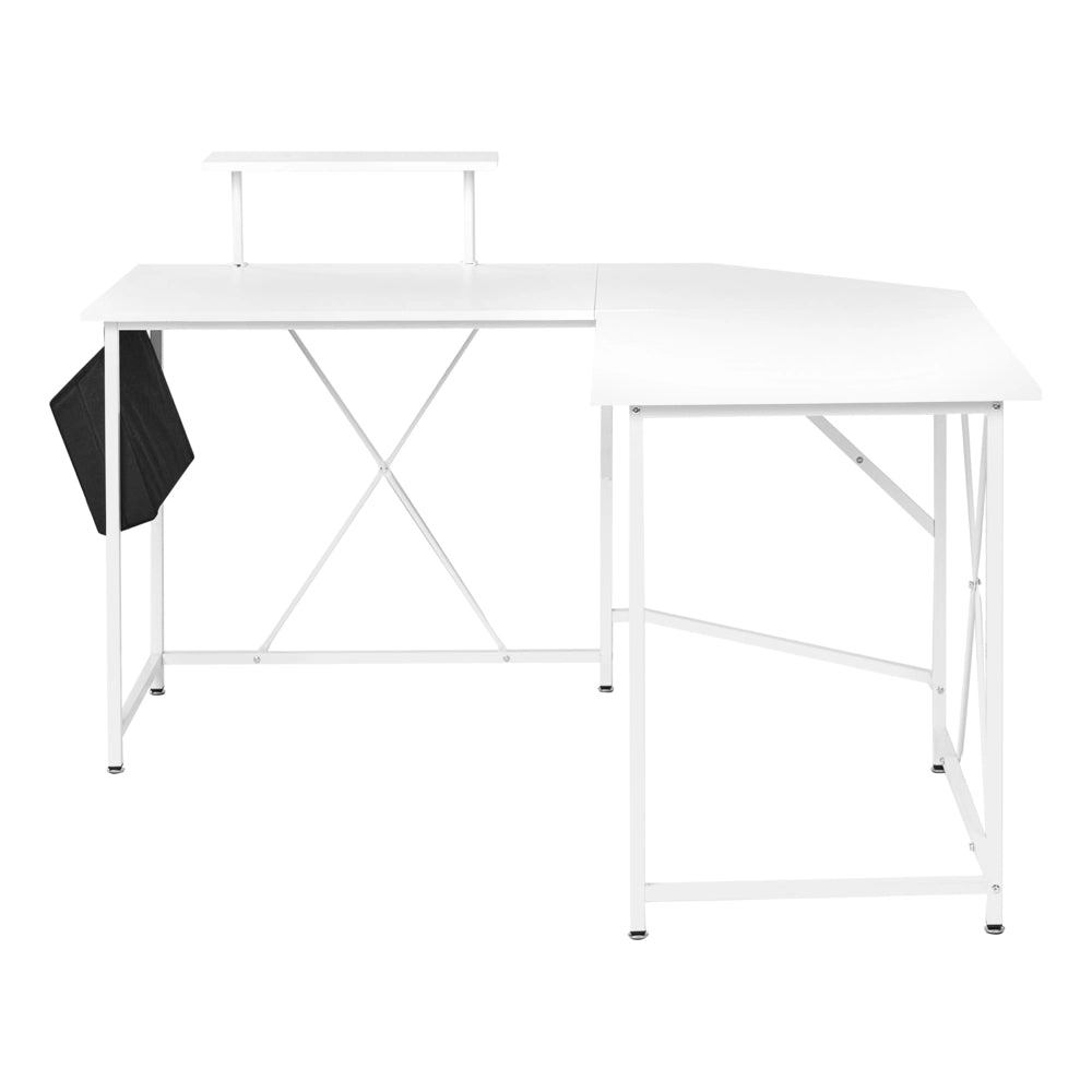 Scrivania angolare Piano in MDF bianco Gambe e struttura in ferro verniciato a polvere Tasca laterale aggiuntiva Ampia postazione di lavoro Moderna