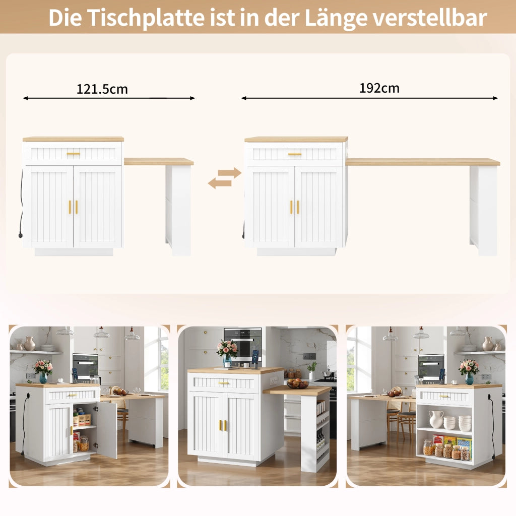ISOLA DA CUCINA ESTENSIBILE 121,5-192 cm BIANCA MDF E METALLO