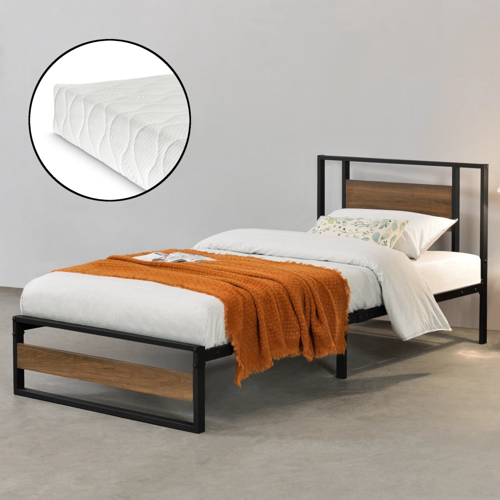 Letto in Acciaio con Materasso a Schiuma Fredda 200 x 90 cm Letto Singolo in Stile Moderno con Elementi Decorativi in Effetto Legno di Color Noce  - Struttura Nera