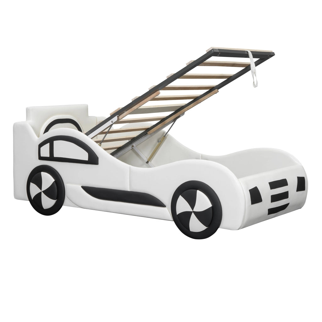 OKWISH Letto Bambini 90×200 cm, Letto Singolo con Contenitore, Design Auto, senza Materasso, in PU e MDF, Bianco