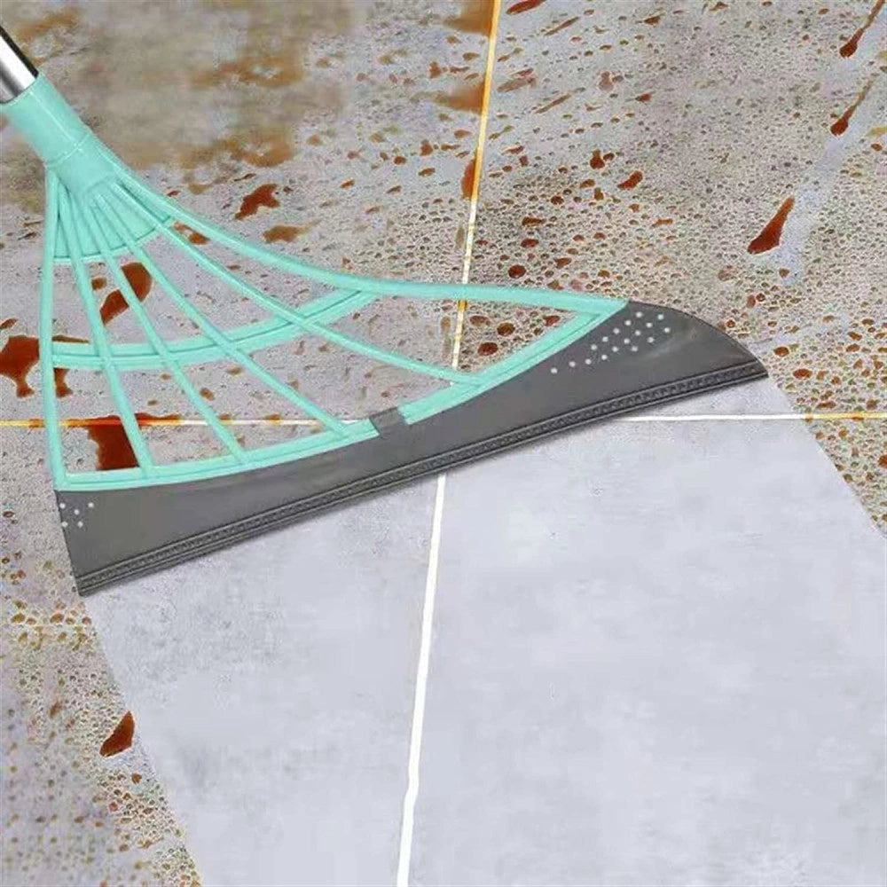 Trade Shop - Scopa Pieghevole 2 In 1 Tergivetro Mop In Silicone Spazza E Lava Pavimenti Vetri -