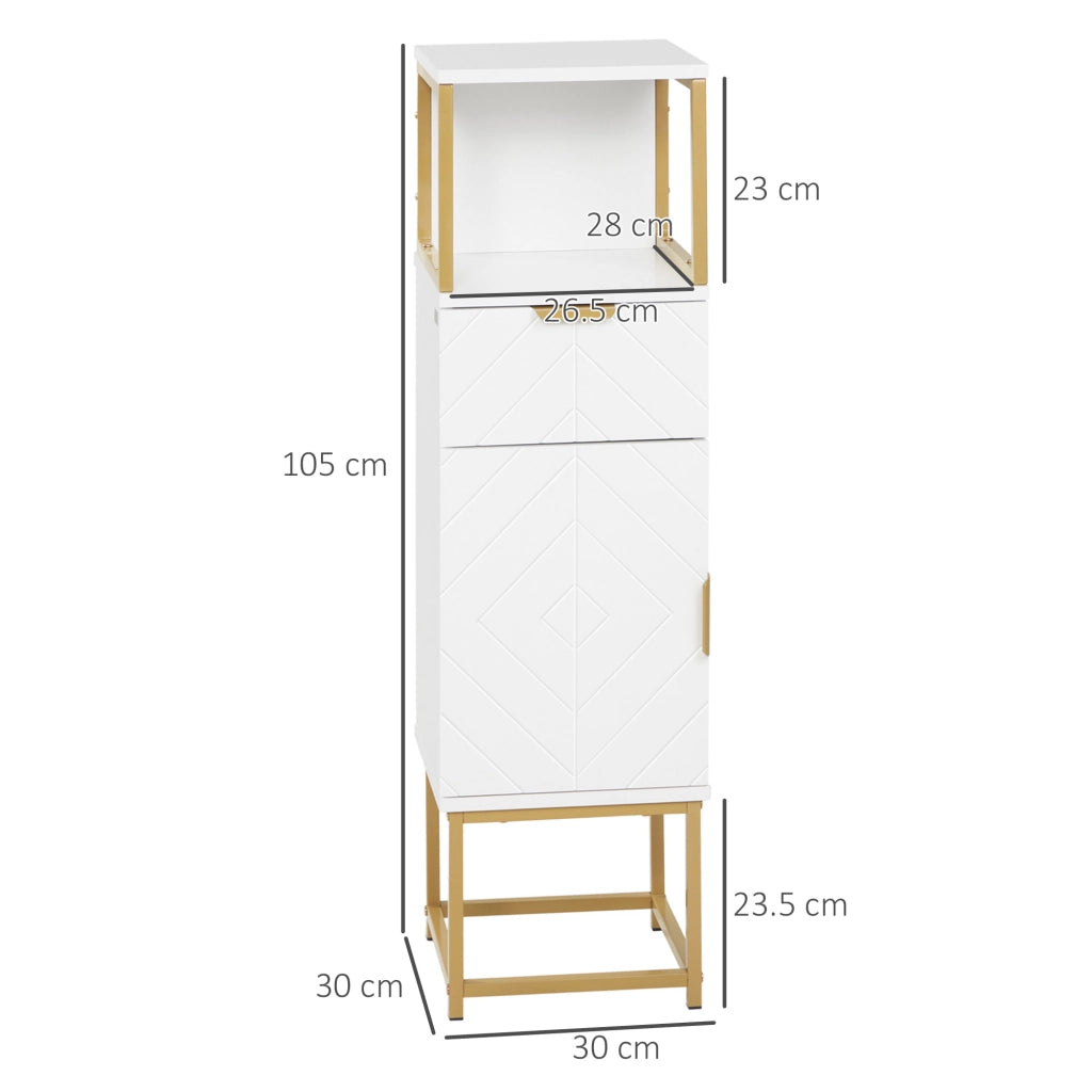 Mobile Bagno con Cassetto, Armadietto e Ripiano ¨C zephmum ¨C Legno e Metallo, Bianco, 30x30x105cm