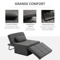 Poltrona Letto 4 in 1 con Schienale Regolabile e Cuscino in Tessuto Effetto Lino, 95x179x78 cm, Grigio