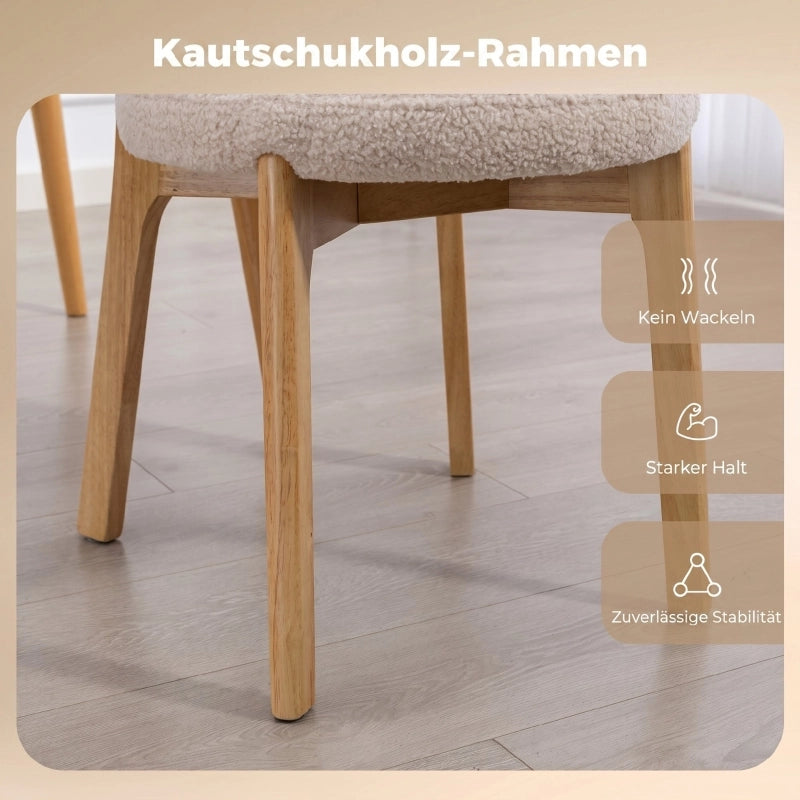 Sedia da Pranzo Set da 2 con Schienale Curvo e Seduta Ampia, in Bouclé e Legno, Crema