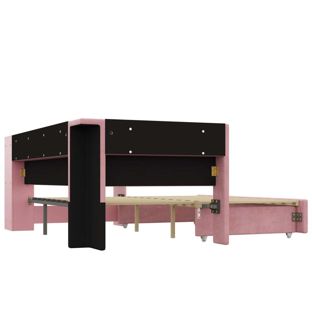 Letto singolo estraibile 90x200 cm con scrivania; LED e USB; rosa