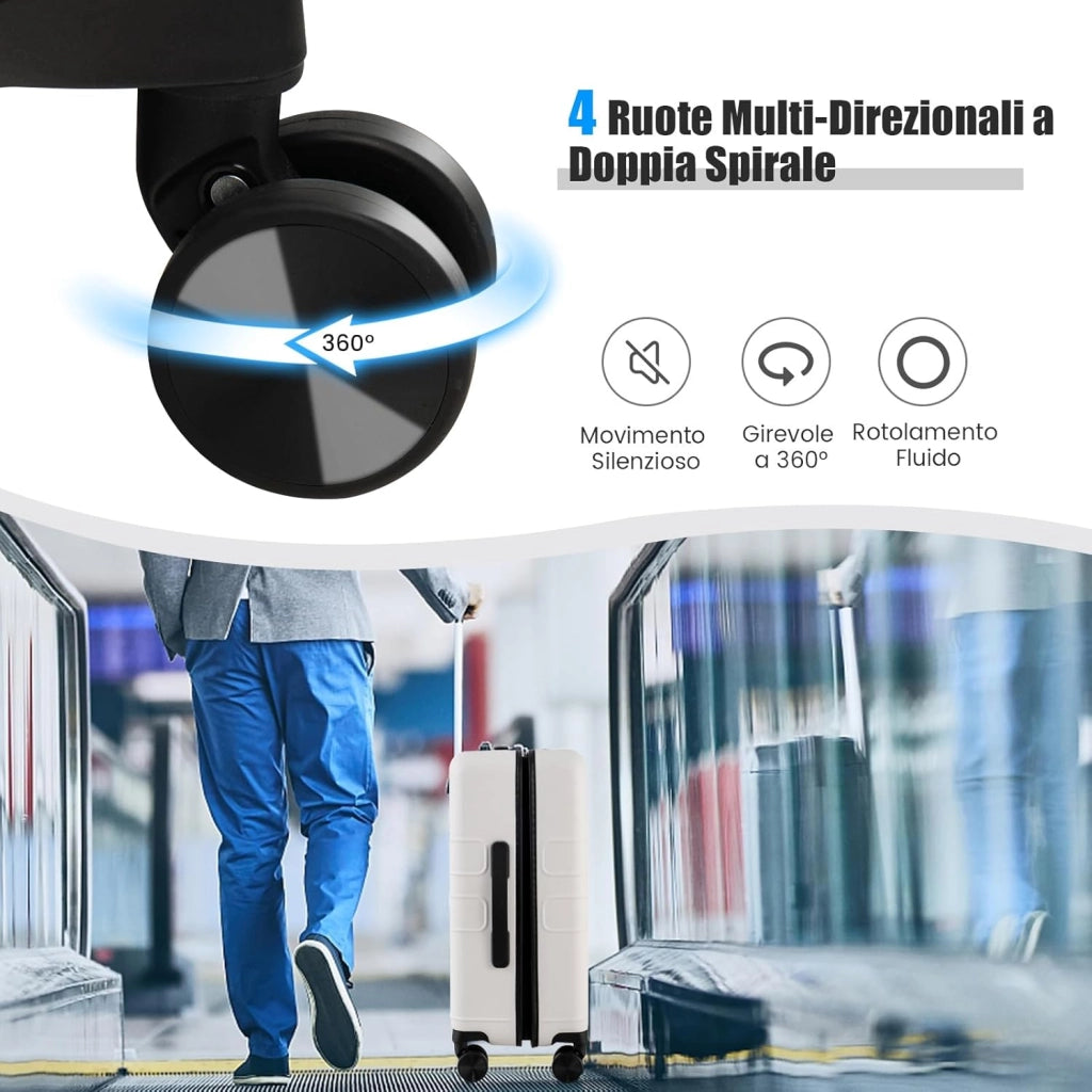 Valigia Bagaglio da 20" con Tasca Frontale, Porta USB, Tavolino Pieghevole, Valigia con Serratura, Ruote Girevoli, Manico Regolabile, Trolley Valigia Rigida Bagaglio da Viaggio (Bianco)