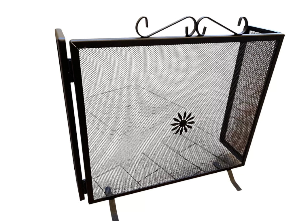 Parascintille per Camino in Ferro Battuto, Artigianale, Nero, con 2 Ante Laterali, Stile Classico, Protezione per Caminetto (61cm + (16cm x 2 antine)60cm h)