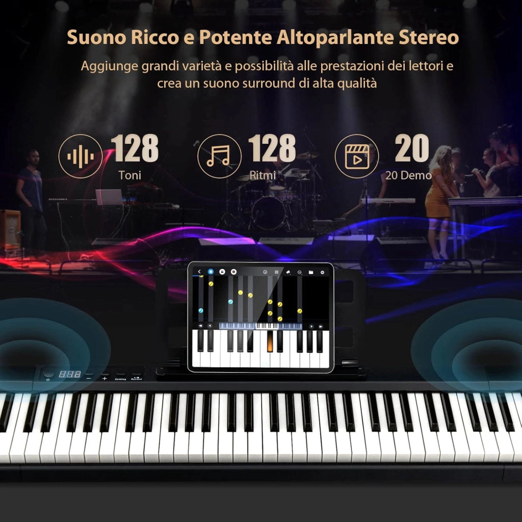 Tastiera Pianoforte Elettronica 88 Tasti, Pianoforte Digitale con Luci, Tastiera Elettronica con Borsa, 128 Ritmi e Toni, Sustain Pedale, Midi/USB/Bluetooth, per Principianti Bambini Adulti