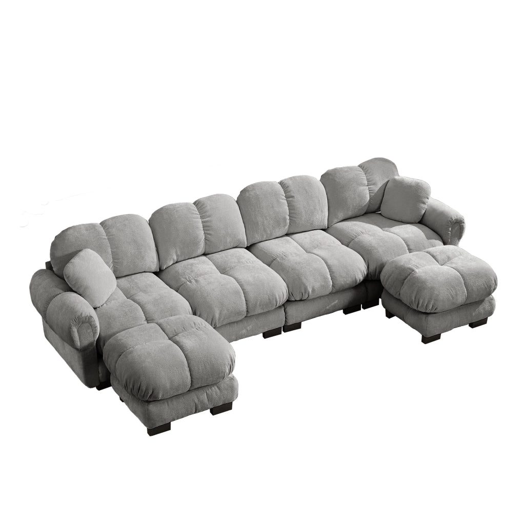 Divano ad angolo a U 4 posti modulare con cuciture trapuntate, in ciniglia, Grigio chiaro