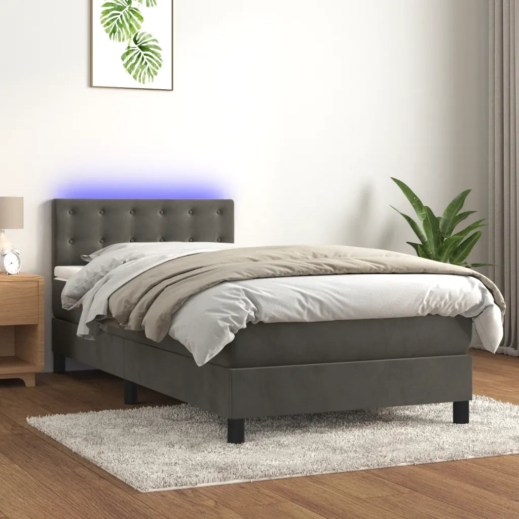 Letto singolo | Letto per adulti | Letto a Molle con Materasso e LED Grigio Scuro 90x190cm Velluto