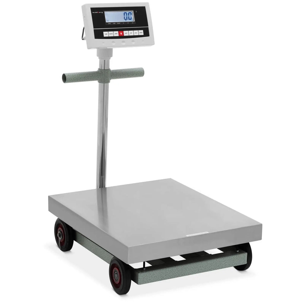 Bilancia a piattaforma professionale industriale peso pacchi 600 kg / 0,1 kg 50 x 60 cm con ruote kg/lb acciaio inox 14_0008372