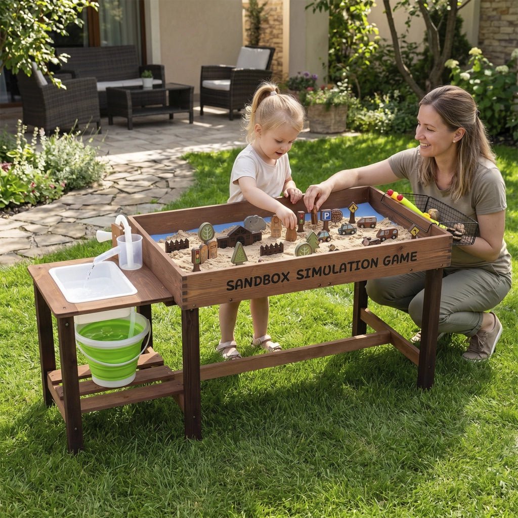 Sabbiera per bambini da esterno con pompa e lavello smontabile, Tavolo sabbiera e acqua in legno per bambini 3+ anni