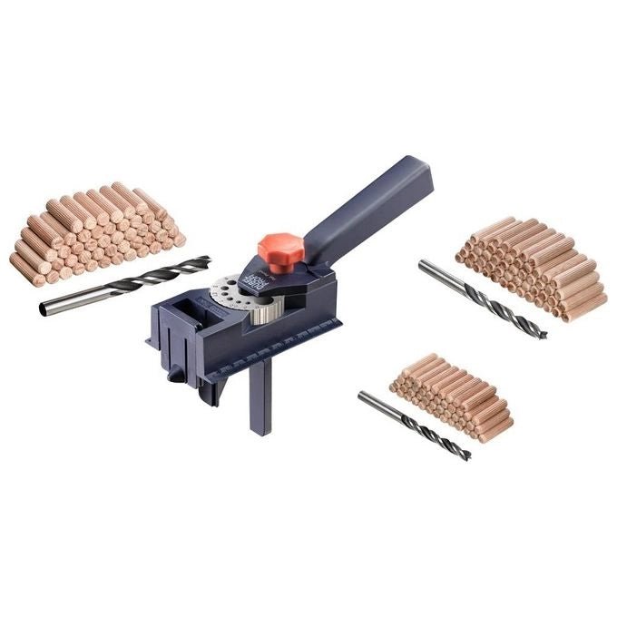 KWB 49758100 Set Completo per Spinatura Dima Guida per Trapano 3 Punte Elicoidali Legno 6 8 10 mm 150 Spine colore Blu