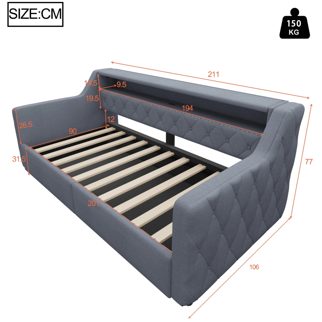 Letto a Divanetto 90 x 200 cm; Contenitore Idraulico; LED; USB e Type-C in Lino; Grigio
