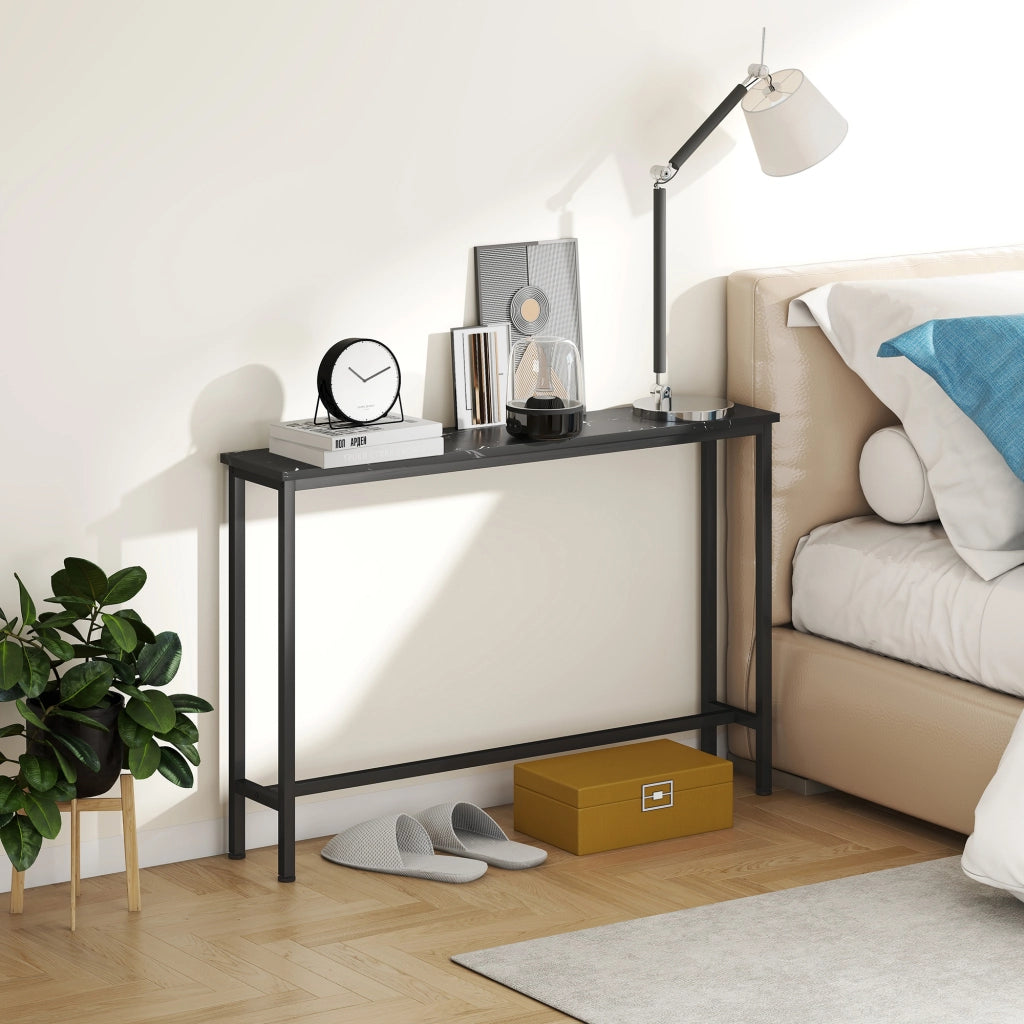 Consolle Ingresso Stretto con Piano Effetto Marmo e Struttura in Metallo ¨C Minimal ¨C 100x20x66 cm Nero
