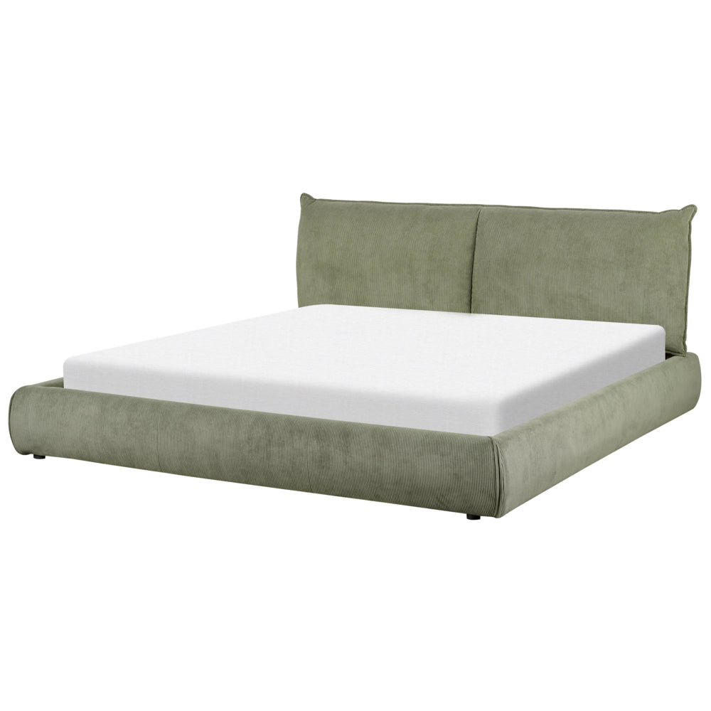 Letto matrimoniale imbottito in velluto a coste verde 180 x 200 cm con rete a doghe e spessa testata imbottita