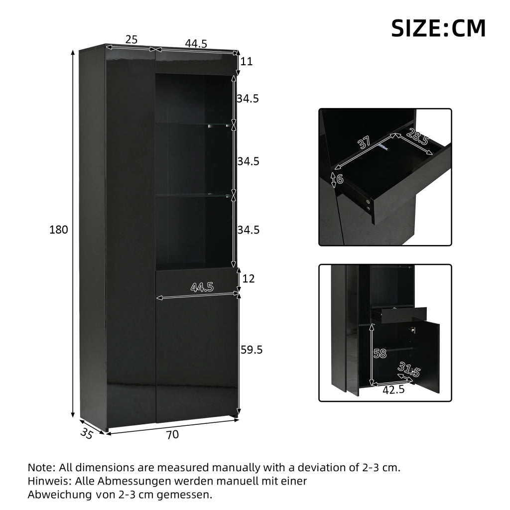 Vetrina con 2 ante; 1 cassetto e ripiani; illuminazione LED; per soggiorno; 70 x 35 x 180 cm; nera