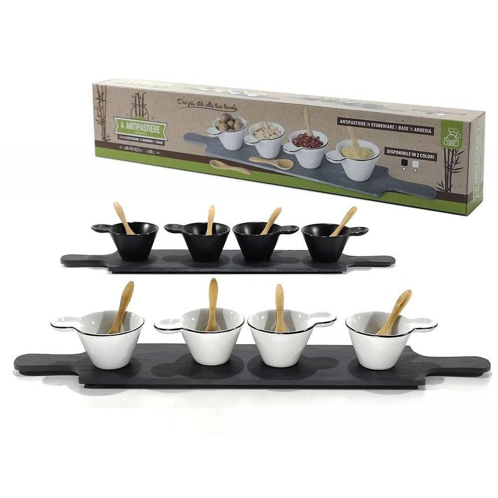 Trade Shop - Set Antipastiere Con 4 Piattini E Cucchiaini In Bamboo E 1 Vassoio In Ardesia -