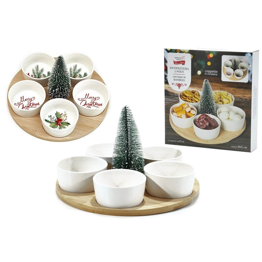 Trade Shop - Set Antipastiera 5 Posti Per Antipasti Di Natale Con Base In Bamboo Coppette In Ceramica -